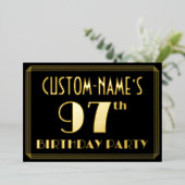 97th誕生日パーティー：アールデコを見る"97"，名前と 箔招待状 (立ち正面)