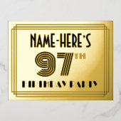 97th誕生日パーティー~アールデコスタイル「97」 +名前 箔招待状ポストカード (正面)