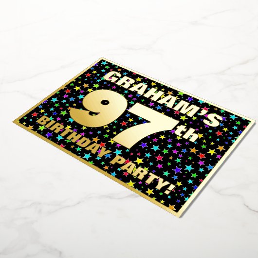 97th Birthday Party —おもしろいカラフル、Stars Pattern 箔招待状 (回転した状態)