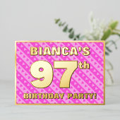 97th Birthday Party —おもしろいピンクのハートとストライプ 箔招待状 (立ち正面)