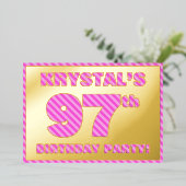 97th Birthday Party —はっきりした、おもしろい、ピンクストライプ色97 箔招待状 (立ち正面)