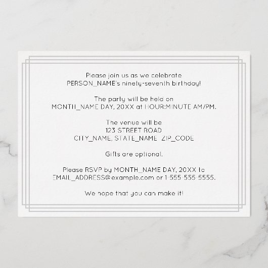 97th Birthday Party —アールデコスタイル「97」 +名前 箔招待状 (裏面)