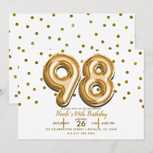 98個の金風船と紙吹雪 98歳の誕生日パーティー 招待状 (正面/裏面)