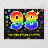 98歳の誕生日おめでとう：楽しいスターパターン、虹98、名前 ポストカード (正面)