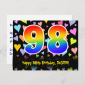 98歳の誕生日おめでとう:楽しいハート柄、虹色の98 ポストカード (正面/裏面)