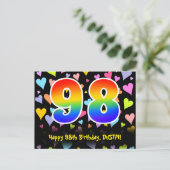 98歳の誕生日おめでとう:楽しいハート柄、虹色の98 ポストカード (スタンド正面)