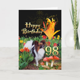 98歳の誕生日おめでとう　犬　パピヨン　チューリップ　蝶 カード