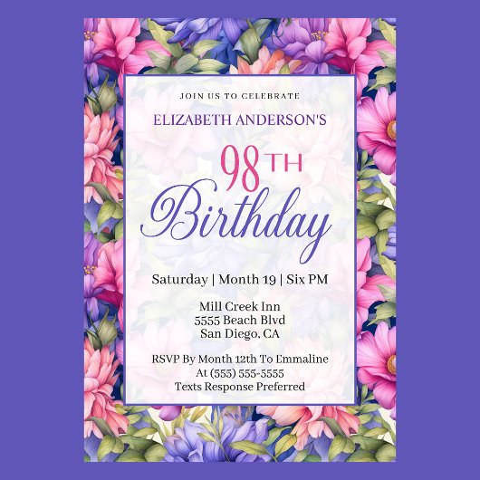 98歳の誕生日おめでとう Pretty Pink Purple Garden Flowers 招待状