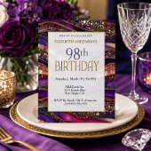 98歳の誕生日お祝いモダンプラチナパープルゴールドジュエルストラタ 招待状