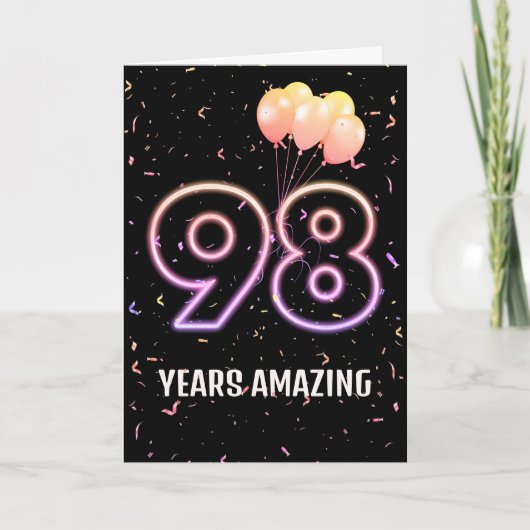98歳の誕生日バルーンとコンフェティ カード (正面)