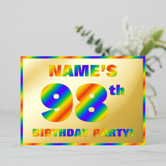 98歳の誕生日パーティー - 楽しい、虹のスペクトル「98」 箔招待状 (立ち正面)