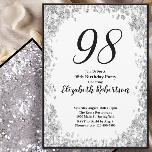 98歳の誕生日招待状 エレガント シルバー&ブラック 招待状