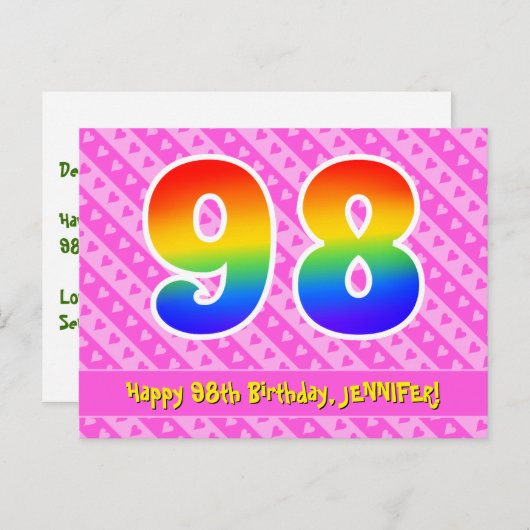 98歳の誕生日：ピンクのストライプとハート、虹色の98 ポストカード (正面/裏面)