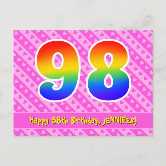 98歳の誕生日：ピンクのストライプとハート、虹色の98 ポストカード (正面)