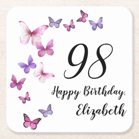 98歳の誕生日 ピンクのパープルの蝶々 スクエアペーパーコースター (正面)