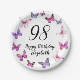 98歳の誕生日 ピンクのパープルの蝶々 ペーパープレート