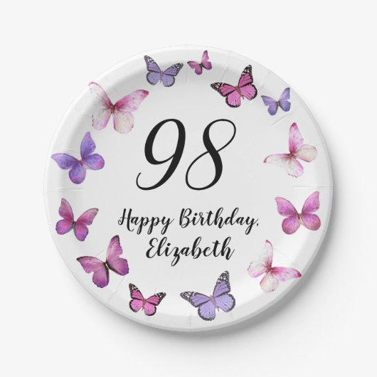 98歳の誕生日 ピンクのパープルの蝶々 ペーパープレート (正面)