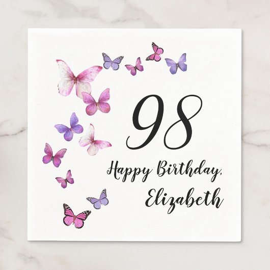 98歳の誕生日 ピンクのパープル蝶々 スタンダードカクテルナプキン