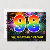 98歳の誕生日 – 楽しい花火模様 + 虹 98 ポストカード (正面/裏面)