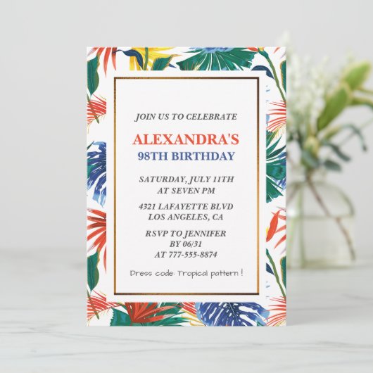 98歳エレガントの誕生日招待状熱帯フローラ 招待状 (スタンド正面)