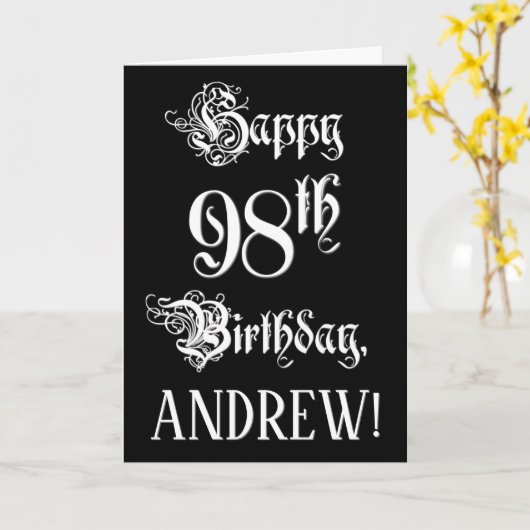 98番目の誕生日: ファンシー、スクリプエレガントト+名前をカスタムする カード (黄色い花)
