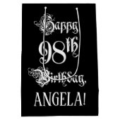 98番目の誕生日: ファンシー、スクリプエレガントト+名前をカスタムする ミディアムペーパーバッグ (裏面)