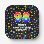98誕生日:おもしろいスター柄と虹"98" ペーパープレート (正面)