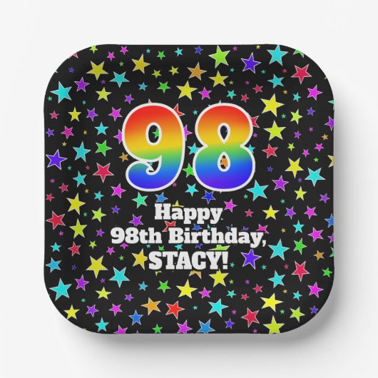 98誕生日:おもしろいスター柄と虹"98" ペーパープレート (正面)