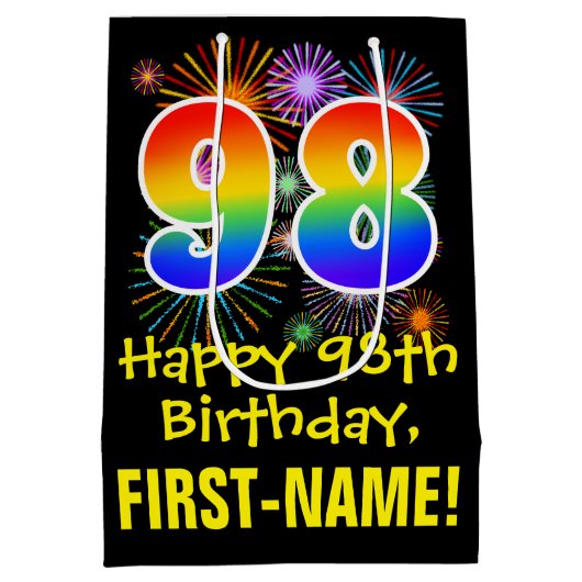 98誕生日:おもしろい花火パターン+虹98 ミディアムペーパーバッグ (裏面)