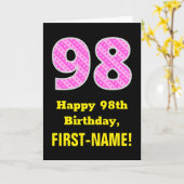 98誕生日:ピンクのストライプハートと「98」 +名前 カード (黄色い花)