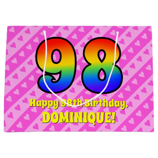 98誕生日:ピンクストライプのハート、レインボー# 98 ラージペーパーバッグ (正面)