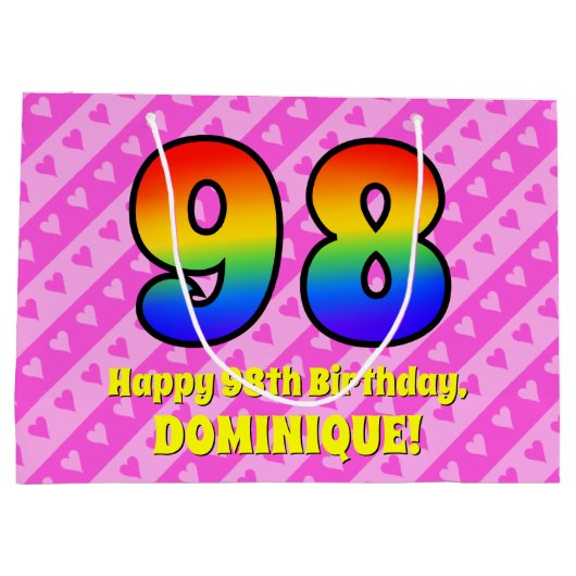 98誕生日:ピンクストライプのハート、レインボー# 98 ラージペーパーバッグ (裏面)