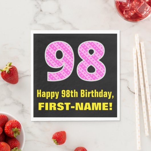 98誕生日:ピンクストライプ色のハートと"98" +名前 スタンダードランチョンナプキン (インサイチュ)