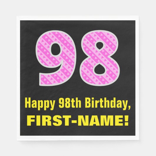 98誕生日：ピンクストライプ色のハートと"98" +名前 スタンダードランチョンナプキン (正面)