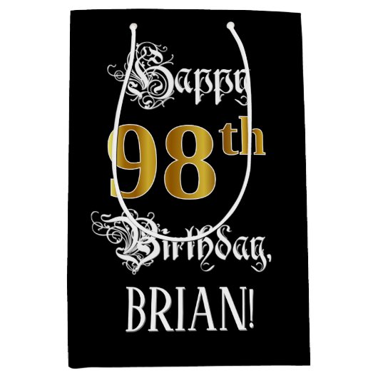 98誕生日～ファンシースクリプト；フェイク金ゴールド検索；名前 ミディアムペーパーバッグ (正面)