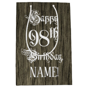 98誕生日: ファンシー, フェイク Wood Look +名前をカスタムする ミディアムペーパーバッグ