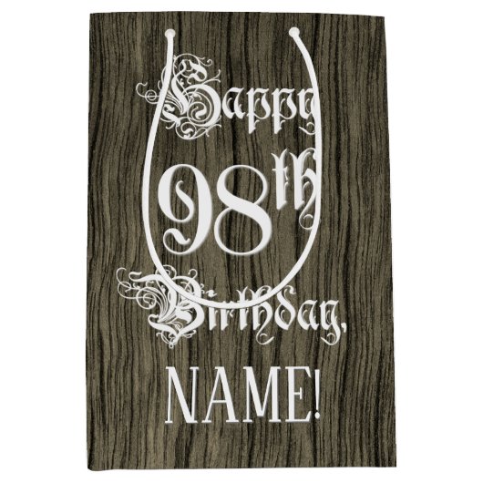 98誕生日: ファンシー, フェイク Wood Look +名前をカスタムする ミディアムペーパーバッグ (正面)