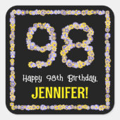 98誕生日:フローラ花数名前をカスタムする スクエアシール (正面)