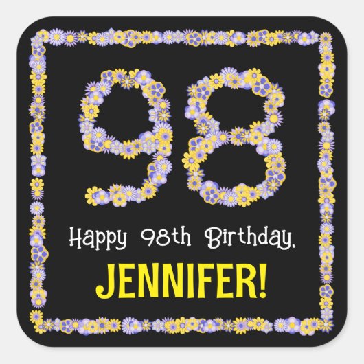 98誕生日:フローラ花数名前をカスタムする スクエアシール (正面)