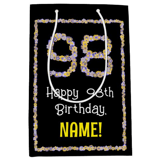 98誕生日:フローラ花数名前をカスタムする ミディアムペーパーバッグ (正面)