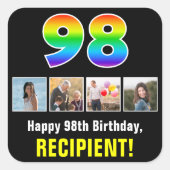 98誕生日: Rainbow "98";写真カスタムと名前 スクエアシール (正面)