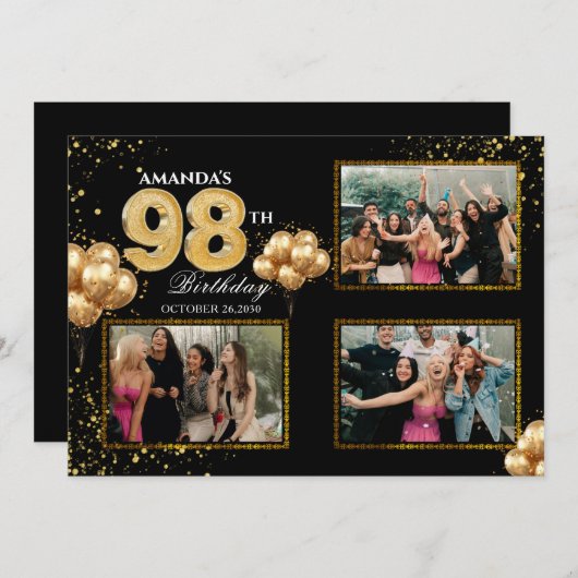 98 th Birthday Gold Silver Black Balloons 招待状 (正面/裏面)