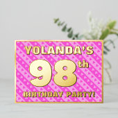 98th Birthday Party —おもしろいピンクのハートとストライプ 箔招待状 (立ち正面)