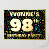 98th Birthday Party —おもしろい、音楽カラフル記号 箔招待状 (正面)