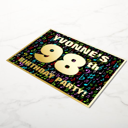 98th Birthday Party —おもしろい、音楽カラフル記号 箔招待状 (回転した状態)