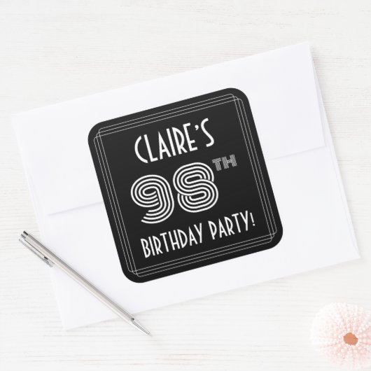 98th Birthday Party:アールデコスタイルと名前をカスタムする スクエアシール (封筒)