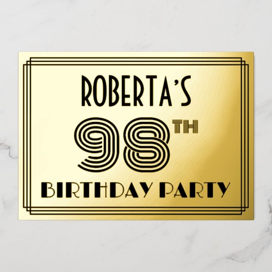 98th Birthday Party —アールデコスタイル「98」 & Name 箔招待状 (正面)