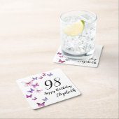 98th Birthday Pink Purple Butterflies  スクエアペーパーコースター (インサイチュ)
