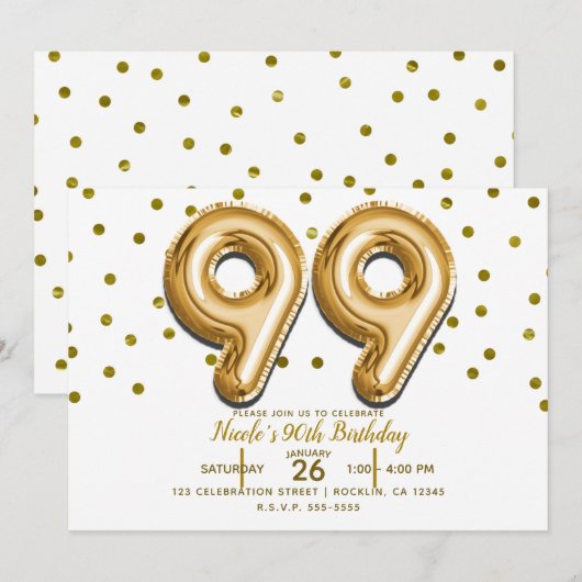 99個の金色の風船と紙吹雪 99歳の誕生日パーティー 招待状 (正面/裏面)