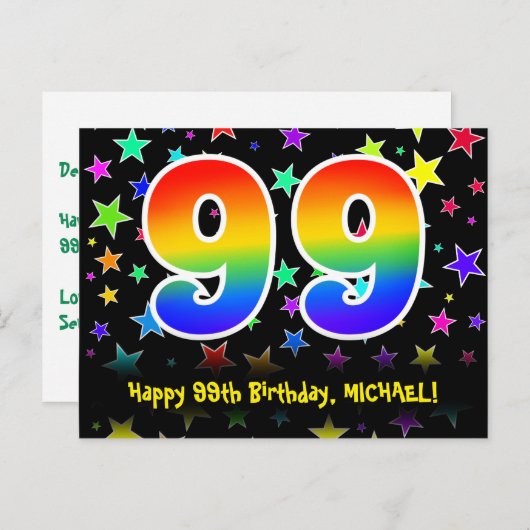 99歳の誕生日おめでとう：楽しいスターパターン、虹99、名前 ポストカード (正面/裏面)